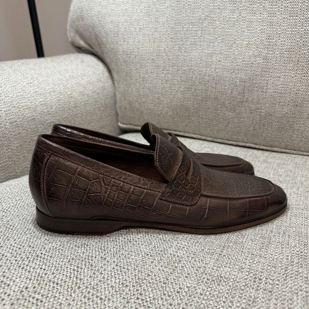 Cole Haan Brown‎ Crocodile-Embossed Leather Penny Loafers Size 8 Men